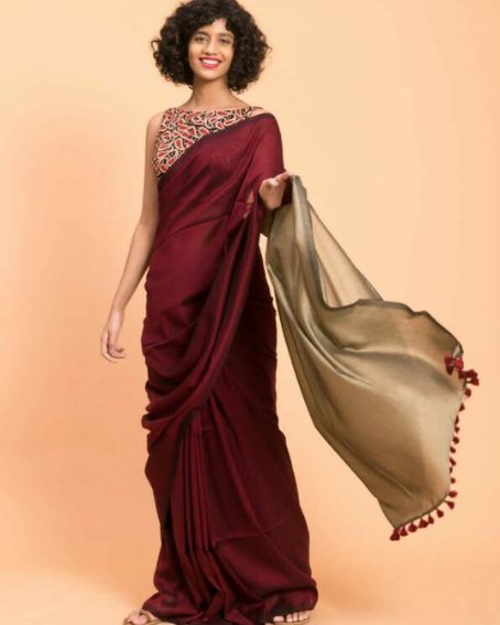 Maroon Cotton Silk Plain Saree Gold Pallu with Contrast Blouse