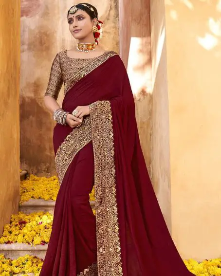 Maroon Designer Saree with Gold Color Designer Contrast Blouse