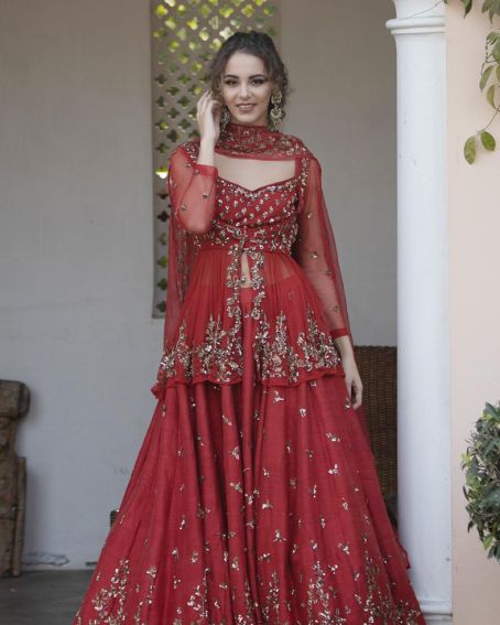 Maroon Main Material Embellished Silk Lehenga Set