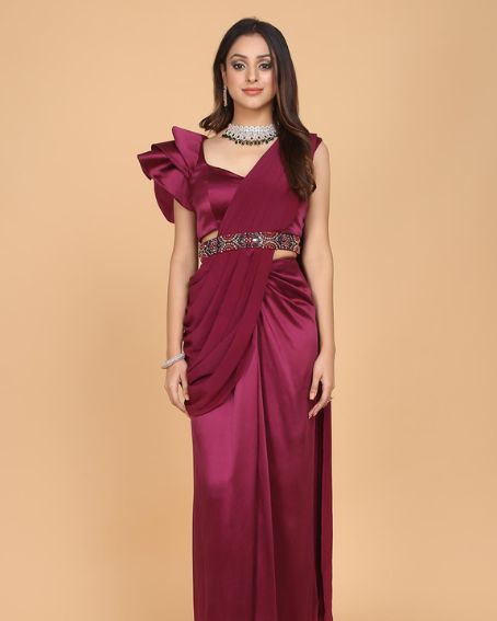 Maroon Satin Pre-draped Saree With Ruffle Blouse