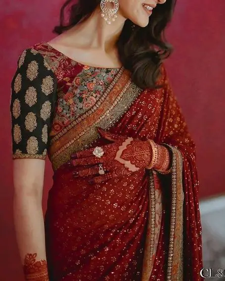 Maroon Satin Silk Embroidery Work Saree with Contrast Banglori Silk Blouse