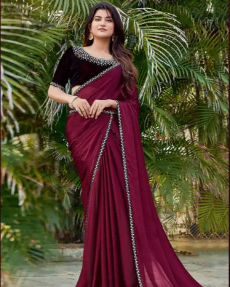 Maroon Stone Work Chiffon Saree with Black Velvet Contrast Blouse