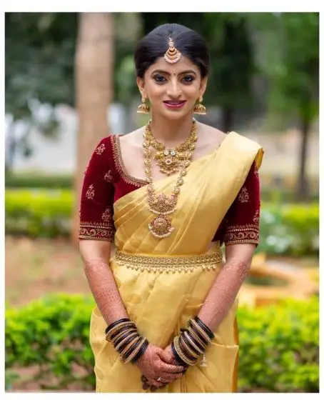 Maroon Velvet Blouse with Yellow Color Saree