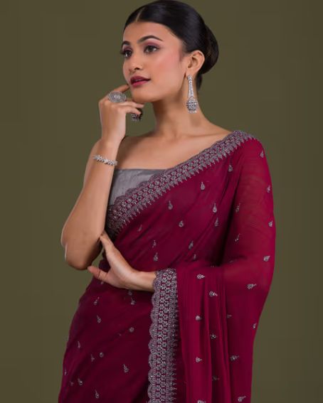 Maroon Zariwork Semi Crepe Designer Saree with Gray Contrast Blouse Blouse