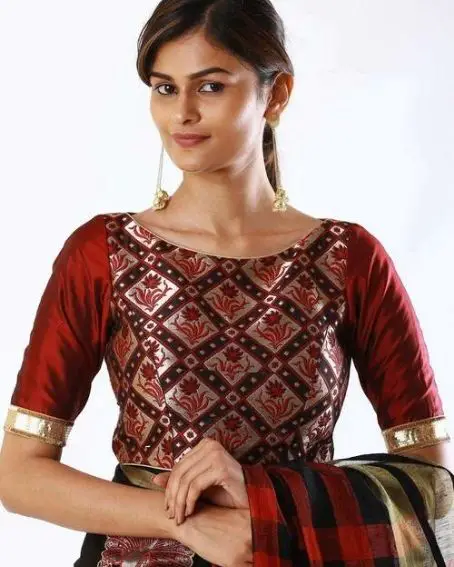 Maroon and black brocade boatneck blouse