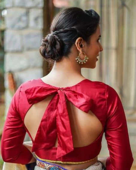 Maroon plain silk 3_4th sleeves blouse with tie back