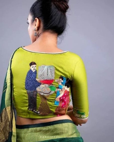 Mehndi Green Printed Boat Neck Blouse Design