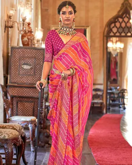 Multicolor Leheriya Print Saree With Blouse