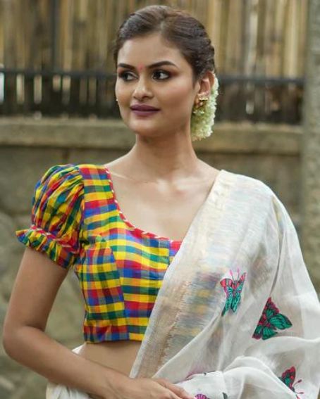 Multicolour small checked pure rawsilk u neck blouse with puff sleeves