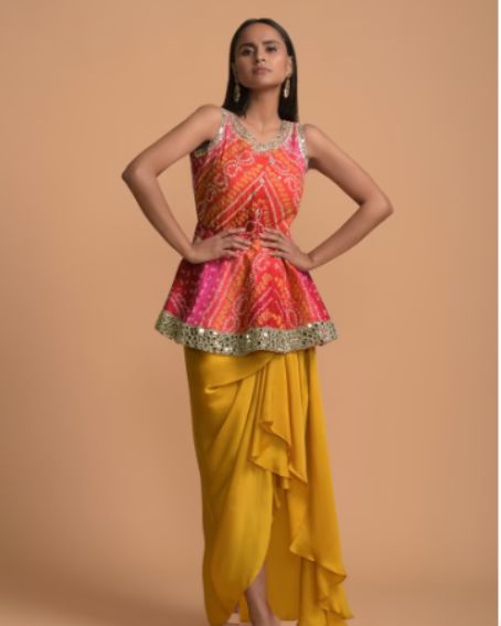 Mustard Draped Skirt And Bandhani Printed Peplum With Mirror Work