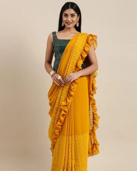 Mustard Yellow And Green Half N Half Saree Peplum Blouse Design
