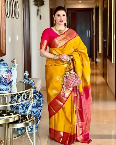 Mustard Yellow Waving Saree with Pink Blouse