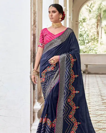 Navy Blue Cotton Saree With Blouse