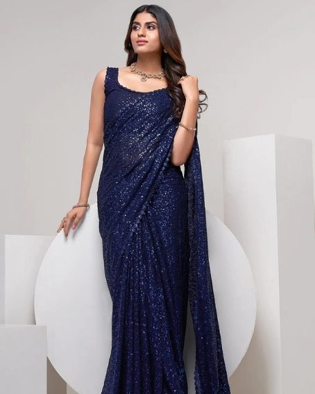 Navy Blue Thread & Multi Sequins Work Party Wear Saree