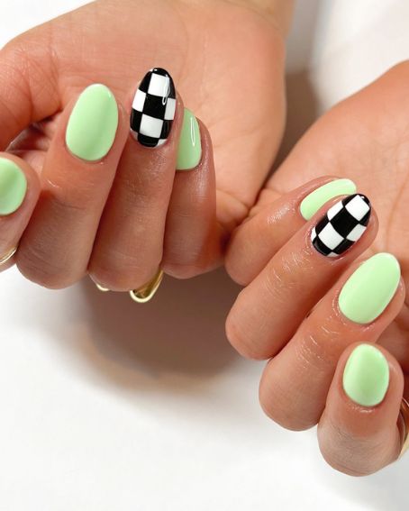Olive green Black & White Checkmate French Nail Art