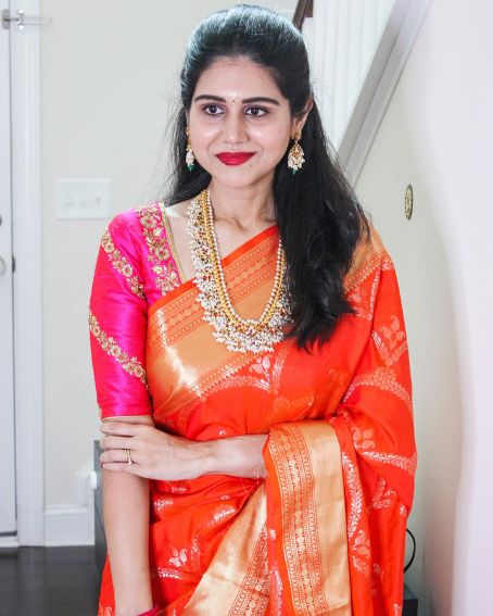 Orange and Pink Saree Paired with the Elegance of Gutta Pusalu