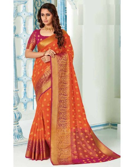 Orange Art Silk Saree With Rani Pink Blouse