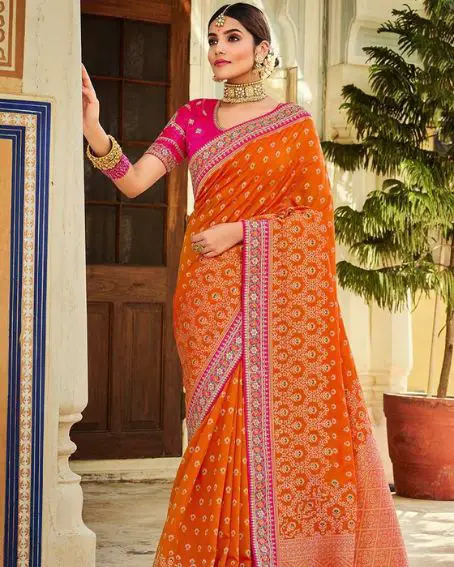 Orange Banarasi Silk Party Wear Saree With Pink Blouse