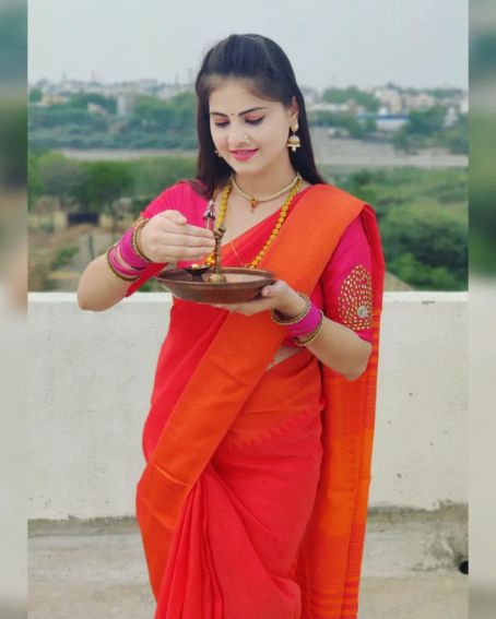 Orange Plain Saree with Pink Blouse