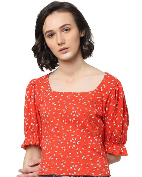Orange & White floral Pure Square Neck Blouse with Puff Sleeves