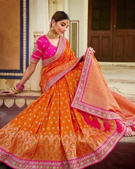 Orange Woven Banarasi Designer Saree With Pink Embroidered Blouse