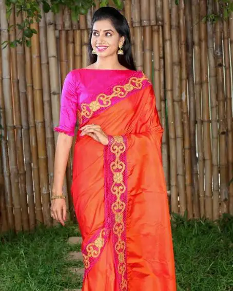 Orange cutwork Kanchipuram silk saree