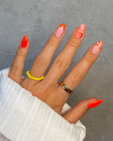 Orange Marble Swirls with Flowers on Nails