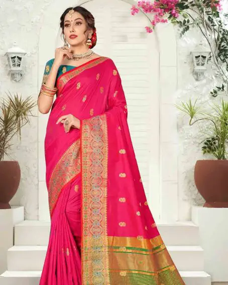 Outstanding Pink Designer Plain Saree with Green Blouse