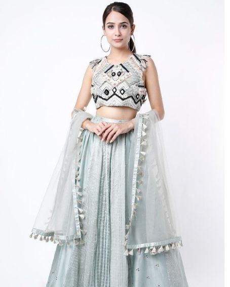 Pale Blue Embroidered Silver Stripe Sleeveless Choli Worn With Lehenga And Net Dupatta