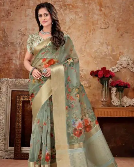 Party Wear Light Grey Digital Printed Organza Silk Saree