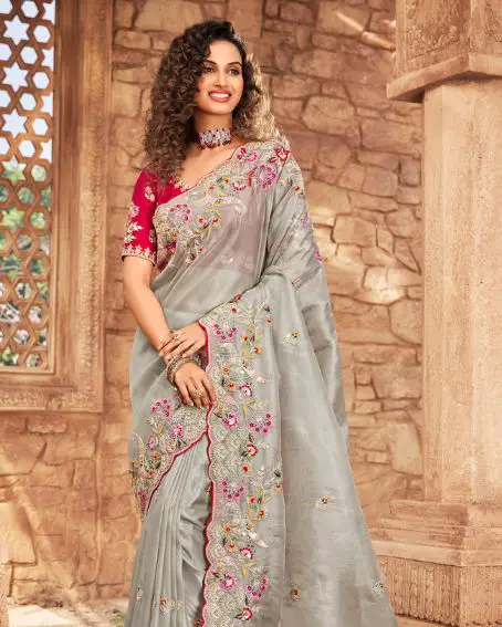 Party Wear Organza Grey Saree With Red With Designer Blouse