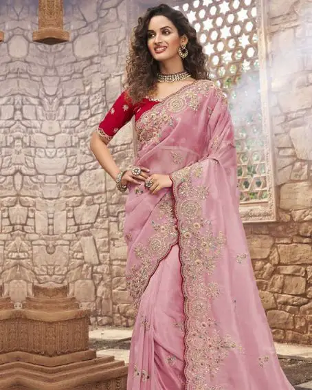 Party Wear Organza Net Fabric Saree In Baby Pink Color With Blouse