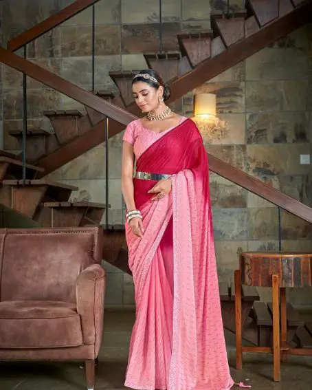 Party Wear Pink Color Diamond Work Double Tone Saree