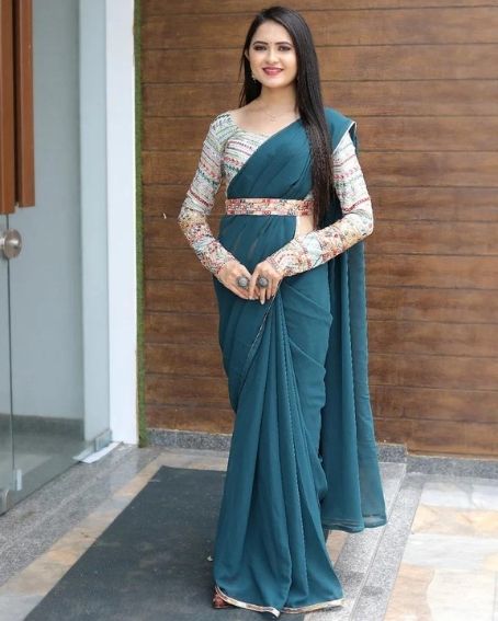 Party Wear Teal Blue Saree With Fancy Thread Sequence Belt & Blouse