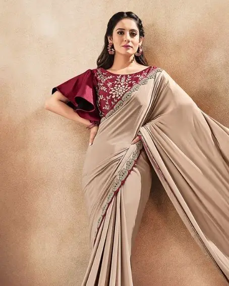 Partywear Beige Color Silk Resham Work Saree With Butterfly Sleeves Blouse