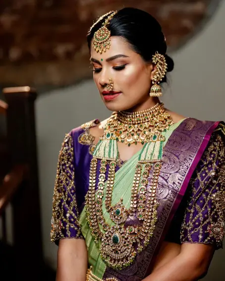 Pastel Green Saree with Designer Blue Blouse