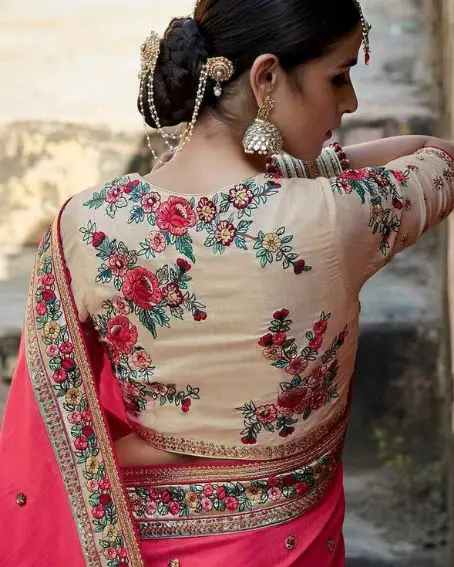 Pastel Peach Color Thread Work Designer Blouse With Pink Color Saree