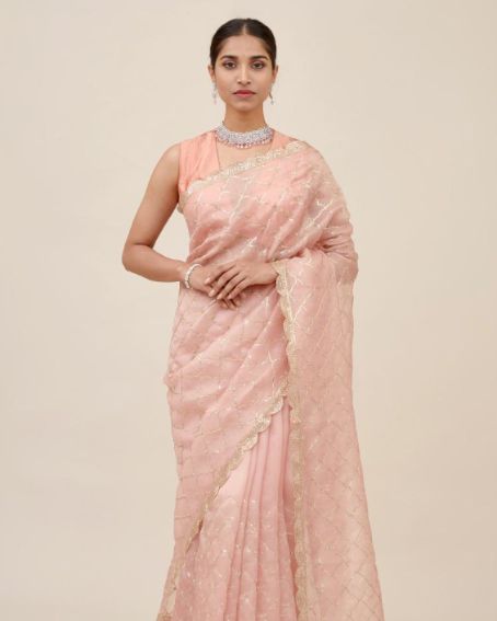 Pastel Pink Organza Saree With Blouse With Sleeveless Blouse