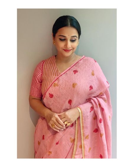 Peach Cotton Saree with Stripes Blouse Design