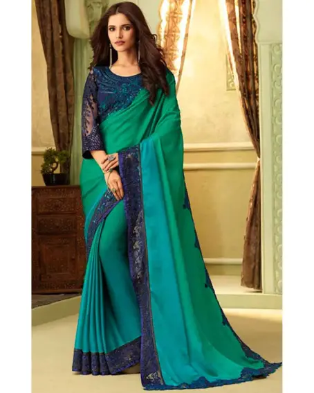 Peacock Green Silk Saree With Banglori Silk Blouse