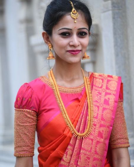 Pink and Orange Combination Puffed Sleeved Silk Saree Blouse