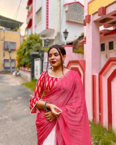 Pink And White Plain Cotton Saree With Ikat Blouse