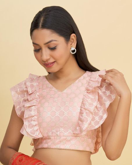 Pink Art Silk Zari Woven Ruffle Blouse