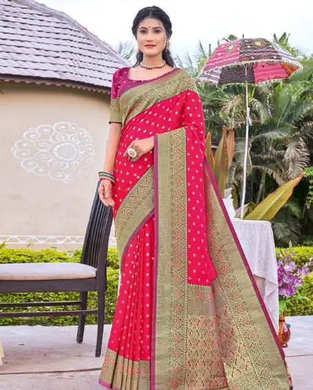 Pink Benarasi Saree with Purple Color Blouse