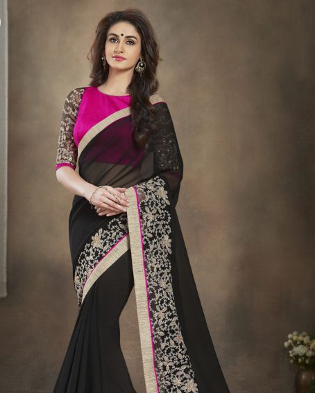 Pink Blouse with Black Saree With Embroidery