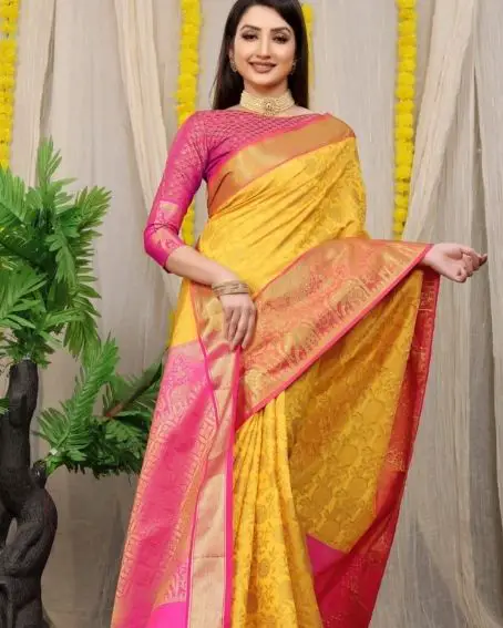 Pink Color Blouse with Yellow Color Saree