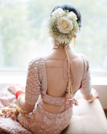 Pink Colored Bridal Blouse With Latkans For Wedding