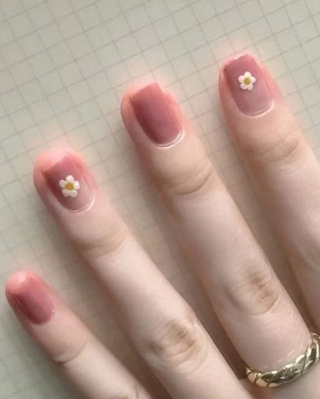 Pink Daisy Design With Acrylic Glue on Short Nails
