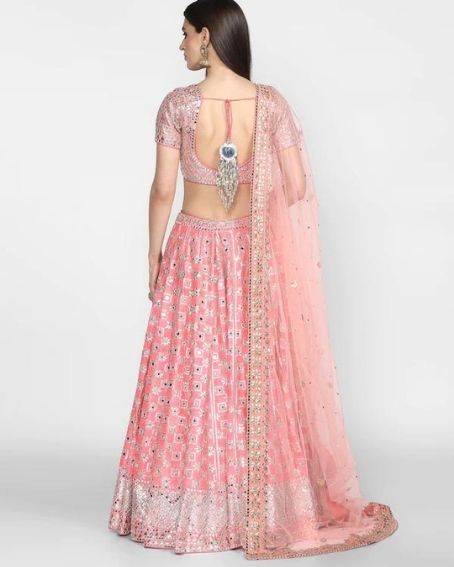 Pink Embellished Lehenga with Mirror Work and Latkan Blouse