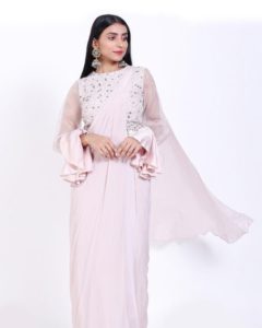 Pink Flat Chiffon Pre-draped Saree With Halter-neck Blouse